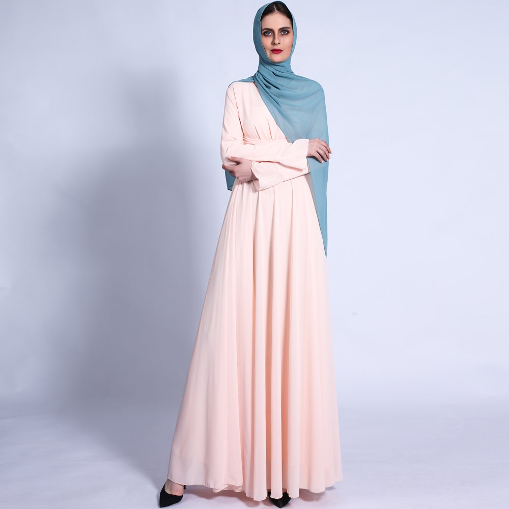 High Quality Islamic Muslim Evening Dress Modest V-neck Abaya Dress Solid Color Soft Chiffon Long Sleeve Muslim Dress for women