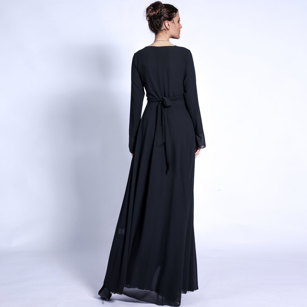 High Quality Islamic Muslim Evening Dress Modest V-neck Abaya Dress Solid Color Soft Chiffon Long Sleeve Muslim Dress for women