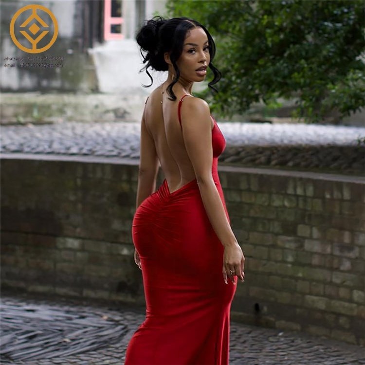 H2D21780 Slim Dress Shiny Spaghetti Strap Backless Ruched Cleavage Maxi Ladies Dress Solid Women Casual Dresses
