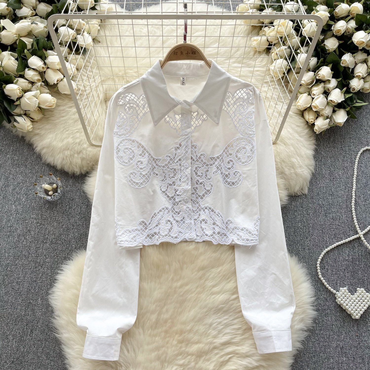 Casual Shirt Hollow Out Embroidery Striped Single Breasted Long Sleeve Blouse For Women