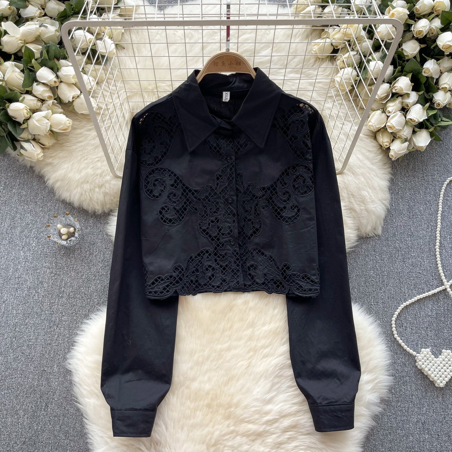 Casual Shirt Hollow Out Embroidery Striped Single Breasted Long Sleeve Blouse For Women