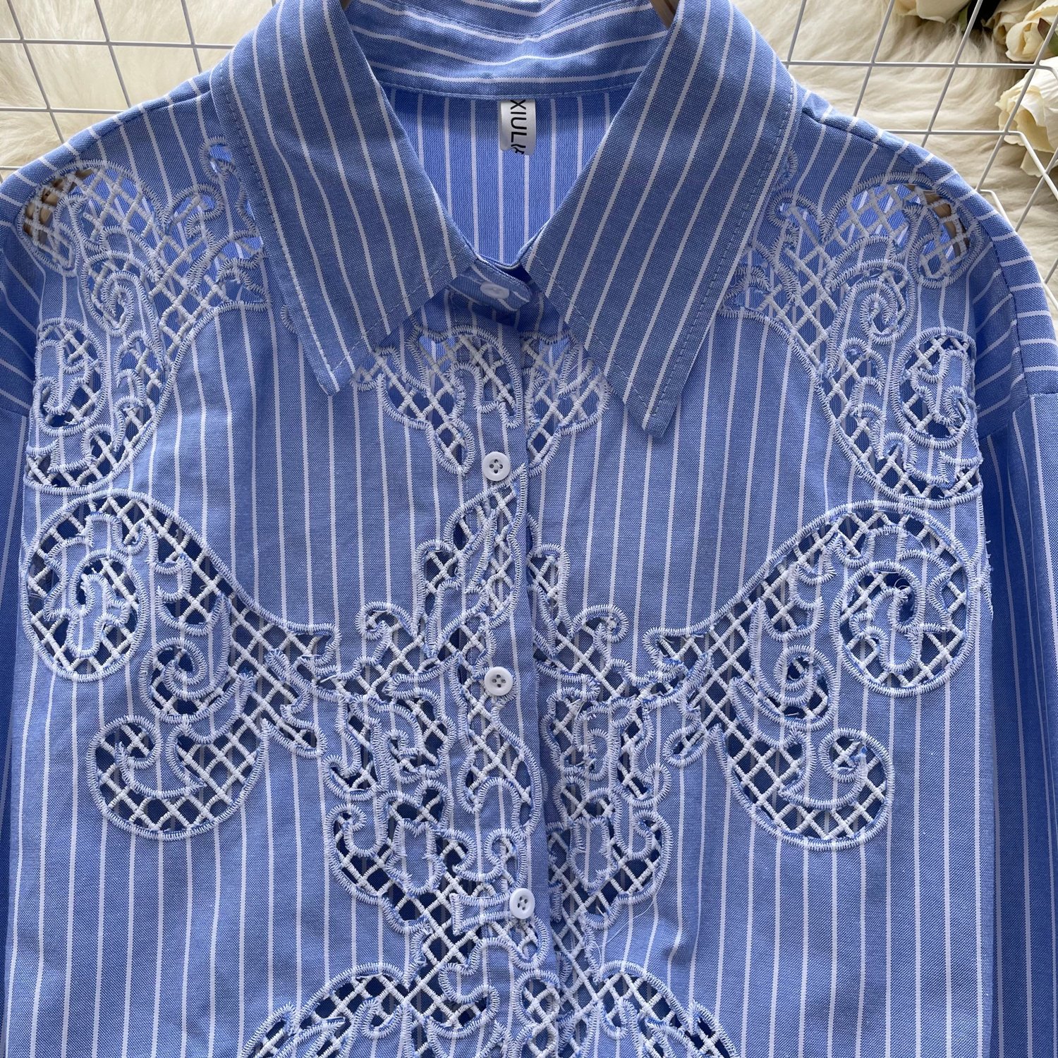 Casual Shirt Hollow Out Embroidery Striped Single Breasted Long Sleeve Blouse For Women