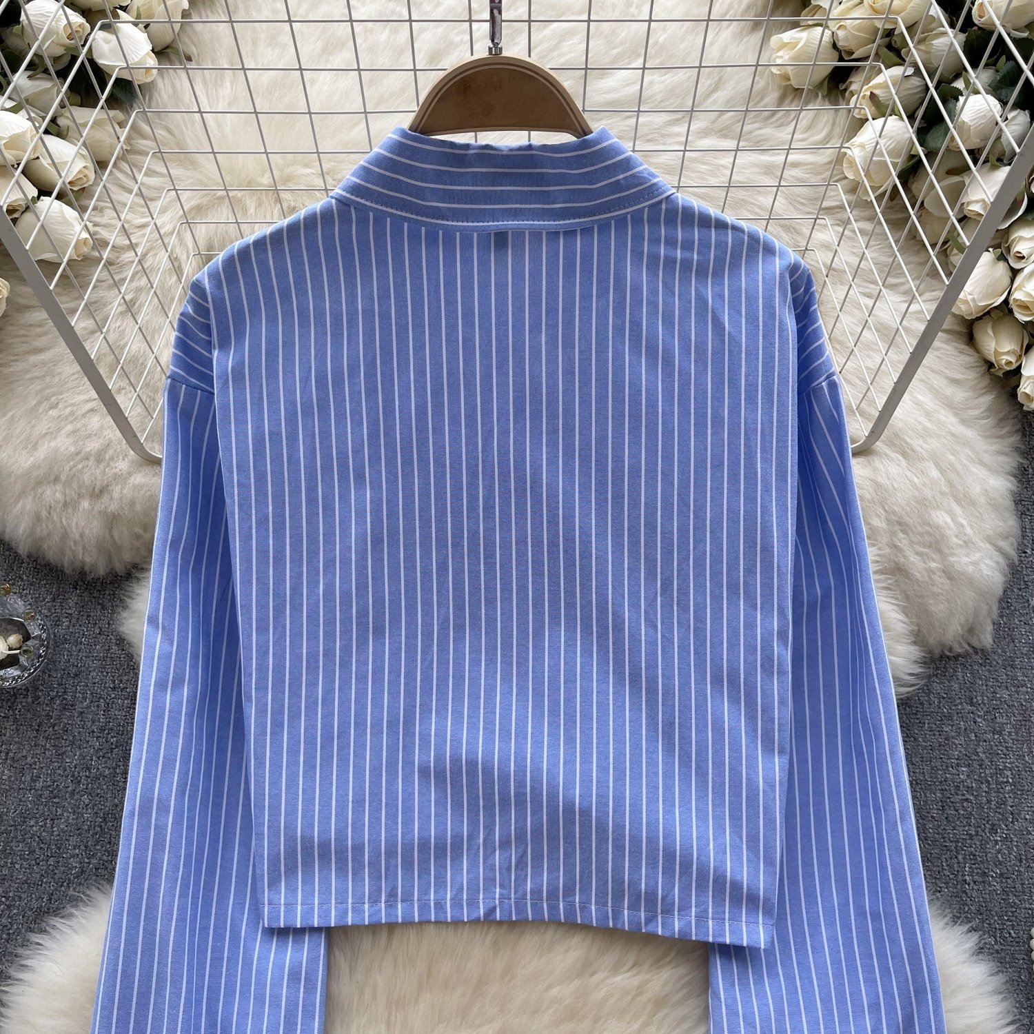 Casual Shirt Hollow Out Embroidery Striped Single Breasted Long Sleeve Blouse For Women