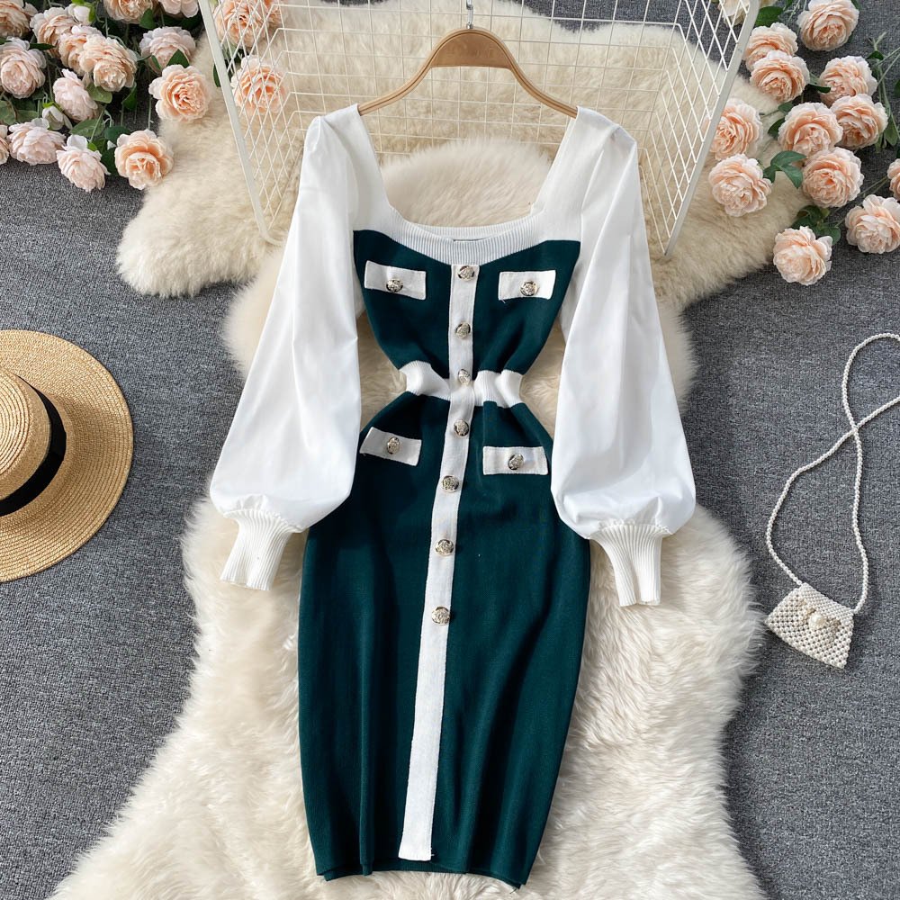 Elegant Squared Collar Solid Color Patchwork Lantern Sleeve Knit Dress Women Casual High Waist Bodycon Sweater Dresses Ladies