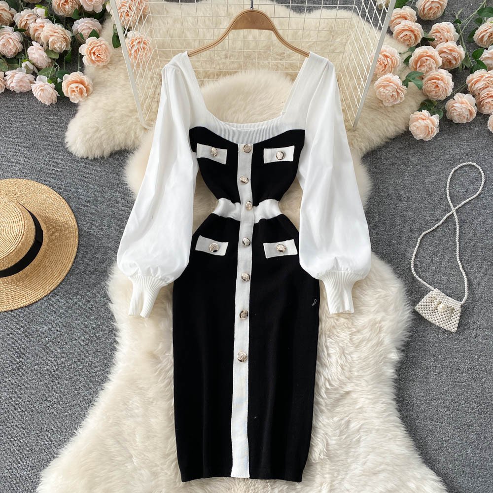 Elegant Squared Collar Solid Color Patchwork Lantern Sleeve Knit Dress Women Casual High Waist Bodycon Sweater Dresses Ladies