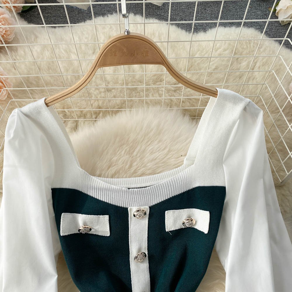 Elegant Squared Collar Solid Color Patchwork Lantern Sleeve Knit Dress Women Casual High Waist Bodycon Sweater Dresses Ladies