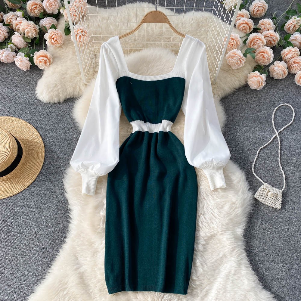 Elegant Squared Collar Solid Color Patchwork Lantern Sleeve Knit Dress Women Casual High Waist Bodycon Sweater Dresses Ladies