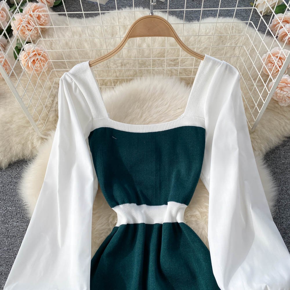 Elegant Squared Collar Solid Color Patchwork Lantern Sleeve Knit Dress Women Casual High Waist Bodycon Sweater Dresses Ladies