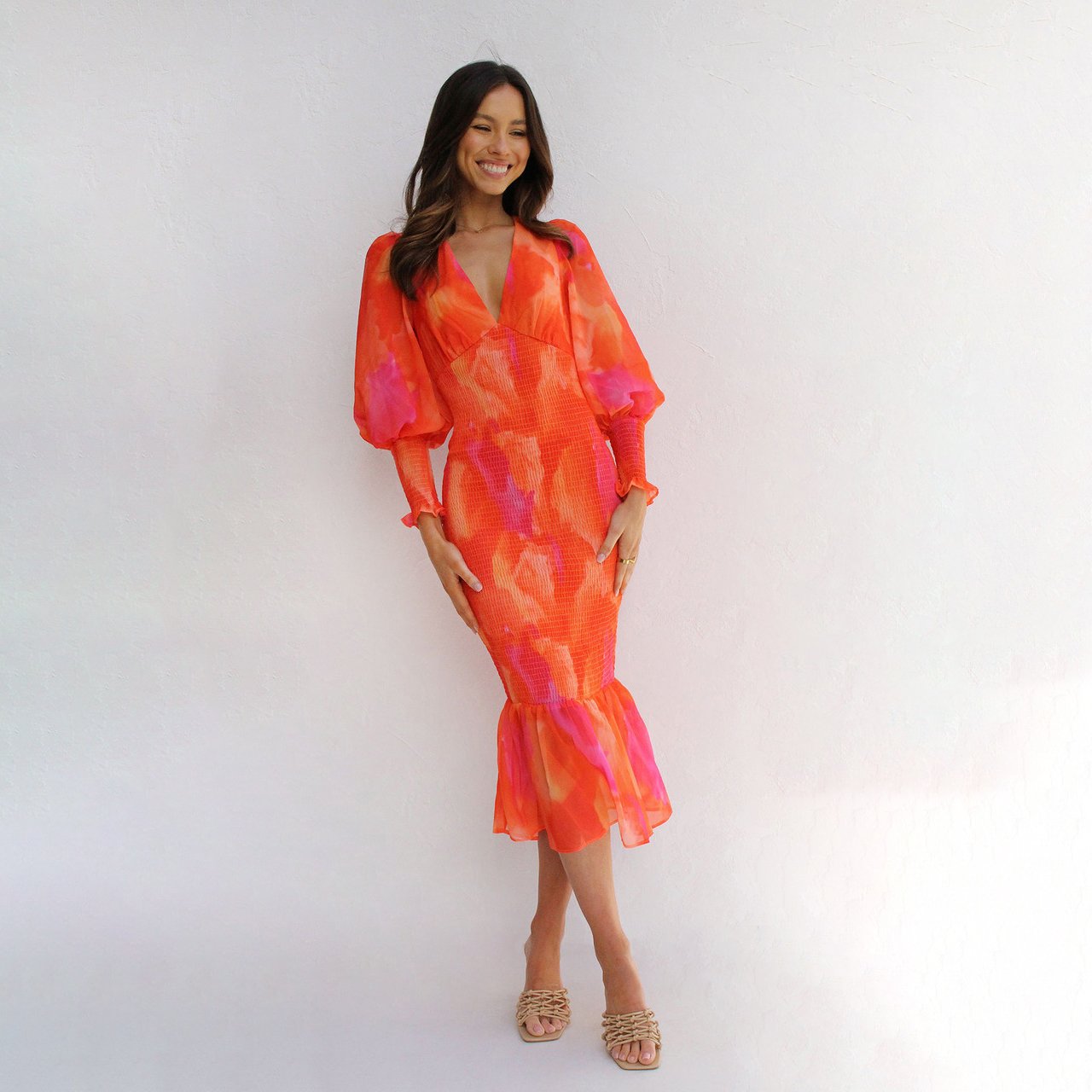 Fashion Print V-neck Casual Dresses Women Elasticity Long Sleeve Women's Clothing Ruffles Lace-up Ladies Dress