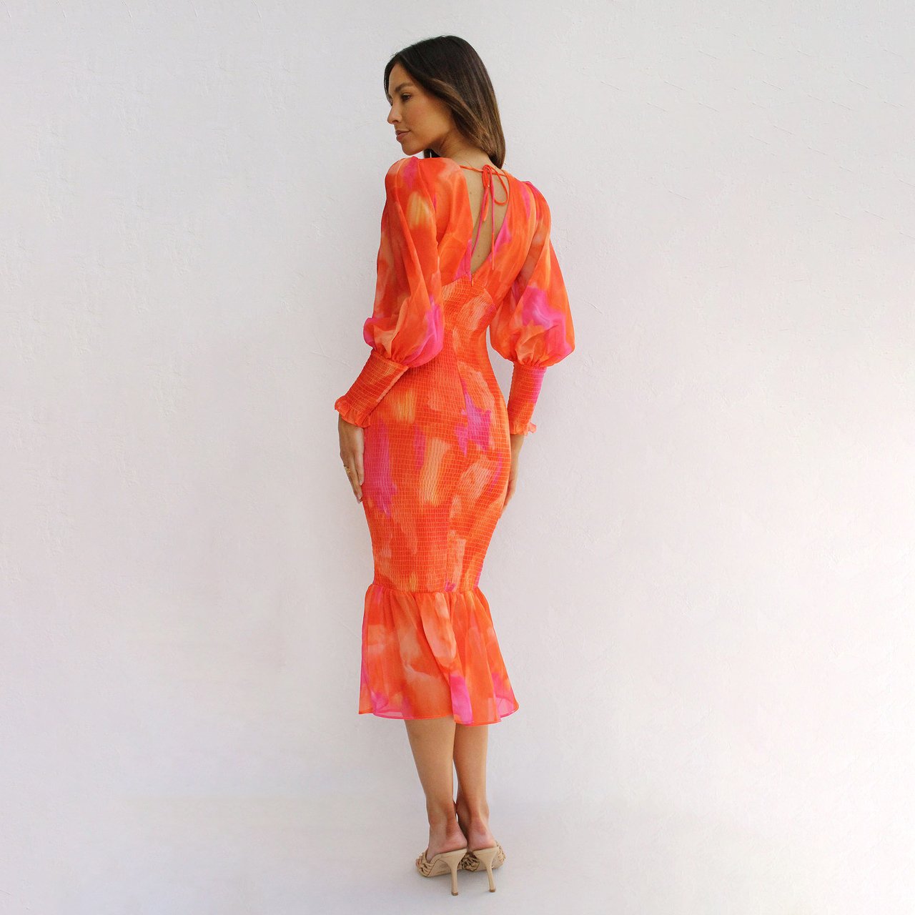 Fashion Print V-neck Casual Dresses Women Elasticity Long Sleeve Women's Clothing Ruffles Lace-up Ladies Dress