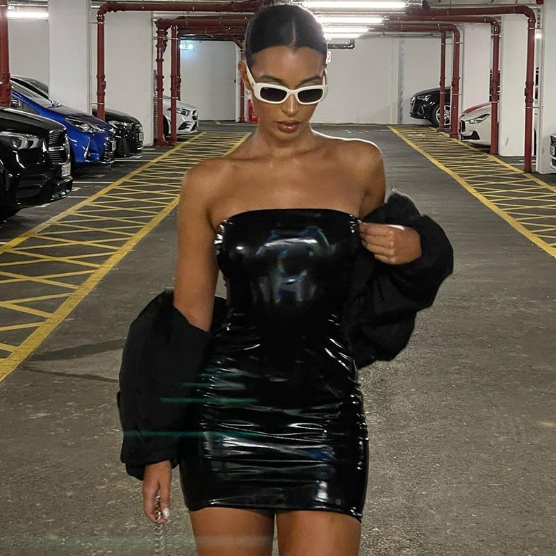 Peeqi women's black dress metallic strapless sleeveless mini tube pu leather dress prom evening club wear for women lady