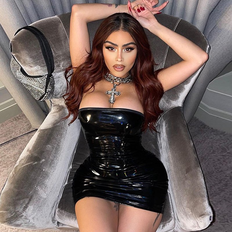 Peeqi women's black dress metallic strapless sleeveless mini tube pu leather dress prom evening club wear for women lady