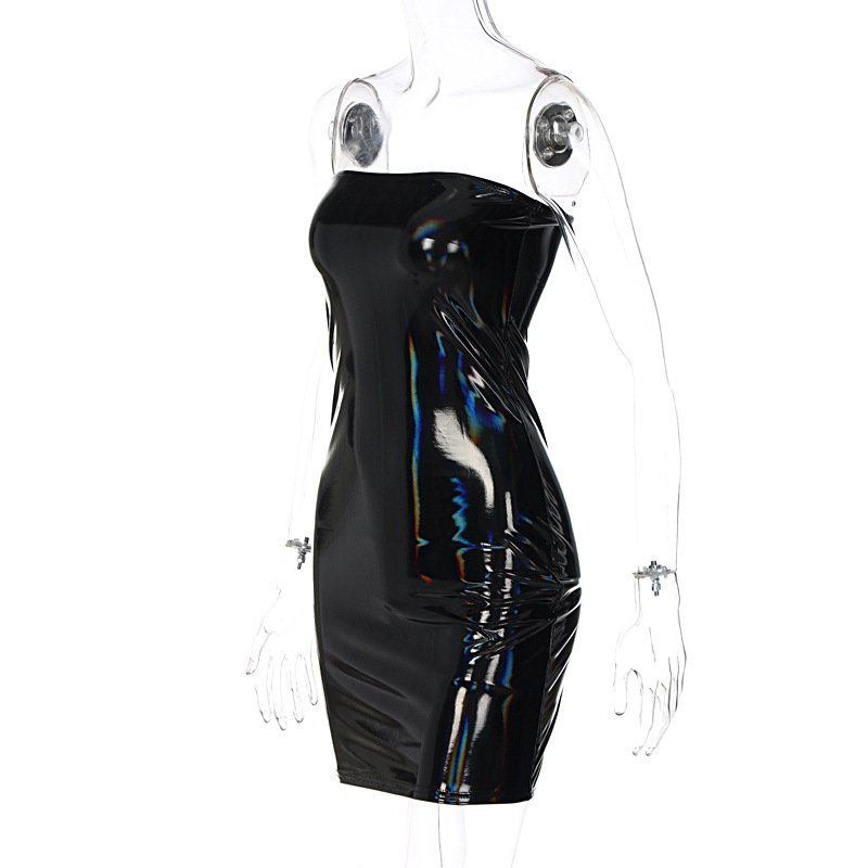 Peeqi women's black dress metallic strapless sleeveless mini tube pu leather dress prom evening club wear for women lady