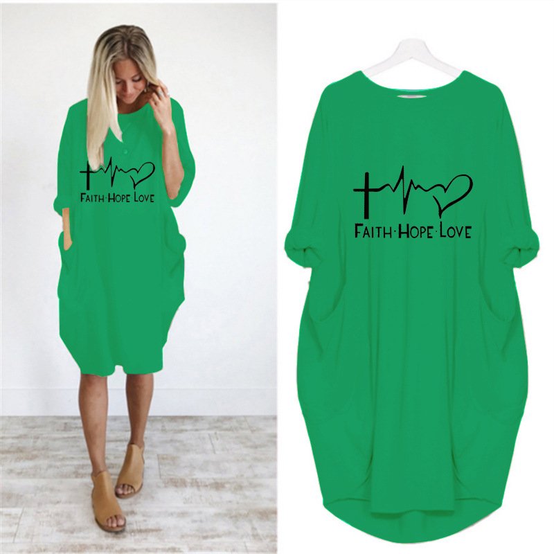 Customized Fashion Autumn Maternity plus size O-neck long Sleeve Loose Knee Length Printed Casual Dress