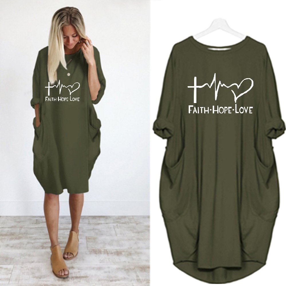 Customized Fashion Autumn Maternity plus size O-neck long Sleeve Loose Knee Length Printed Casual Dress