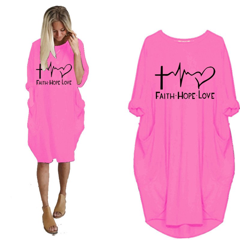 Customized Fashion Autumn Maternity plus size O-neck long Sleeve Loose Knee Length Printed Casual Dress