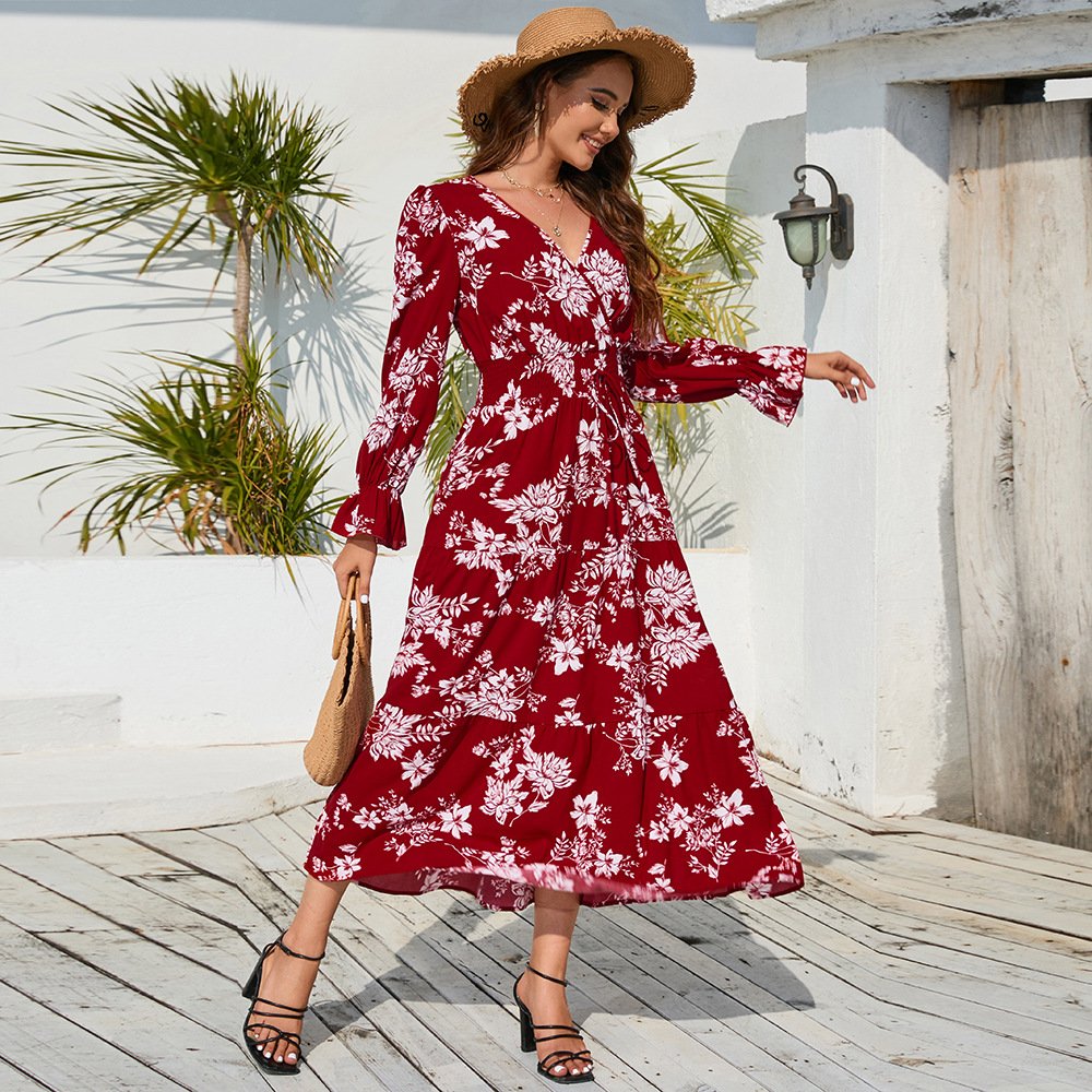 2023 New arrival Sexy fashion Maxi Dress long Sleeve ladies women ladies casual Floral V-neck maxi dress with Belt