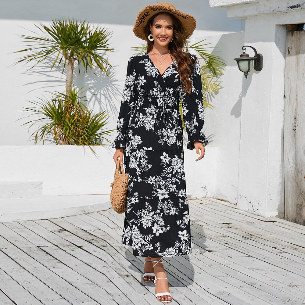 2023 New arrival Sexy fashion Maxi Dress long Sleeve ladies women ladies casual Floral V-neck maxi dress with Belt