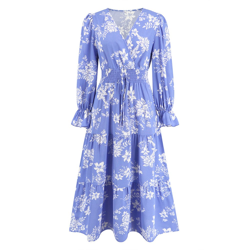 2023 New arrival Sexy fashion Maxi Dress long Sleeve ladies women ladies casual Floral V-neck maxi dress with Belt