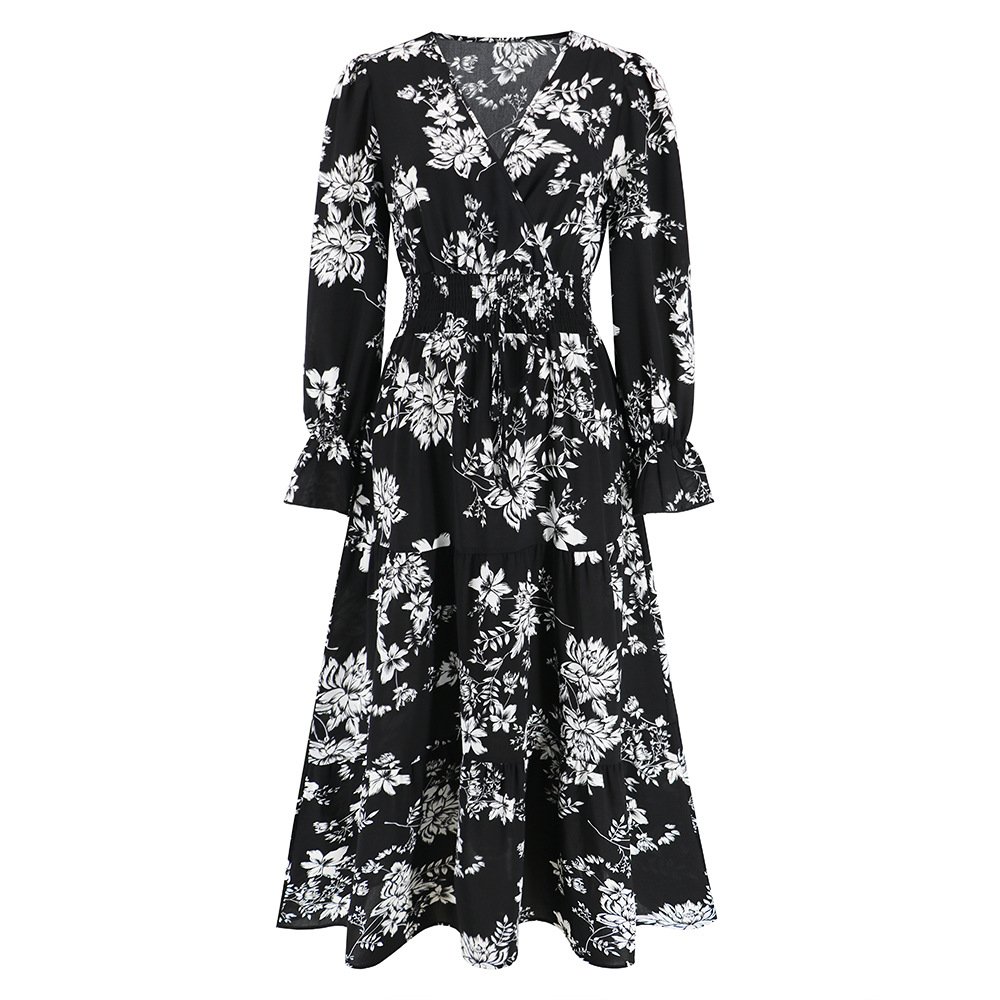 2023 New arrival Sexy fashion Maxi Dress long Sleeve ladies women ladies casual Floral V-neck maxi dress with Belt
