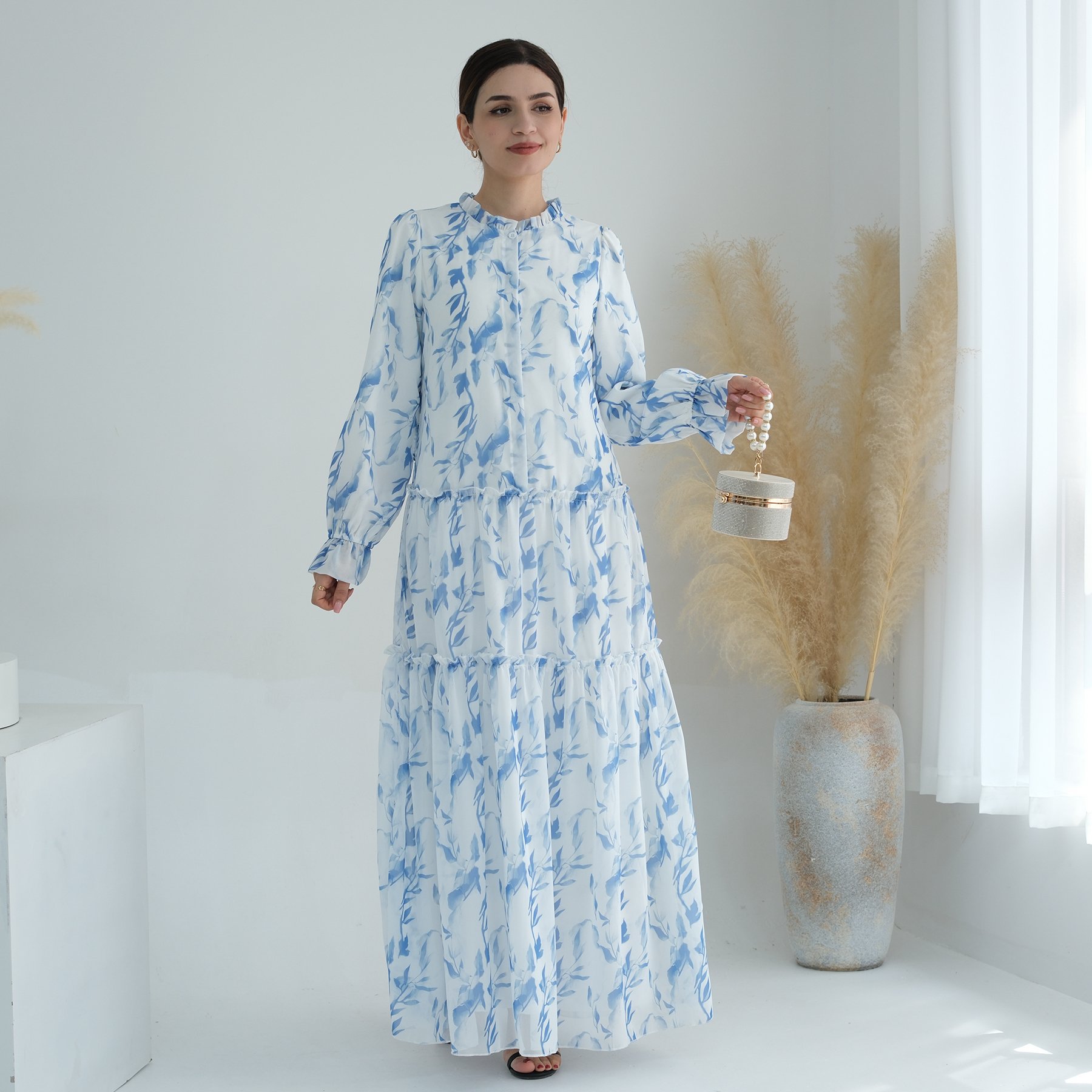 2024 Latest Summer High Quality Chiffon Printed Floral Dress Chiffon Modest Casual Dresses With Belt Women Abaya Muslim Dress