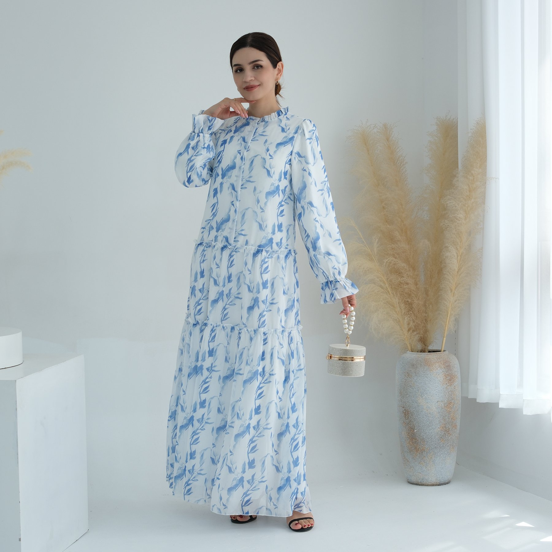 2024 Latest Summer High Quality Chiffon Printed Floral Dress Chiffon Modest Casual Dresses With Belt Women Abaya Muslim Dress