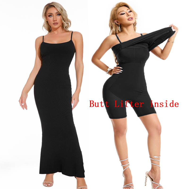 Shapewear Dress Built-in Bra Crew Neck Tank Sleeveless Summer Bodycon Casual Midi Dresses for Women Dress with Adjustable Straps