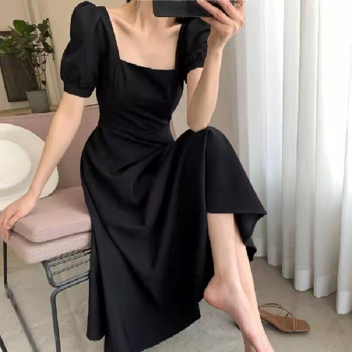 2024 summer new French style retro temperament square collar waist long Hepburn style little black dress