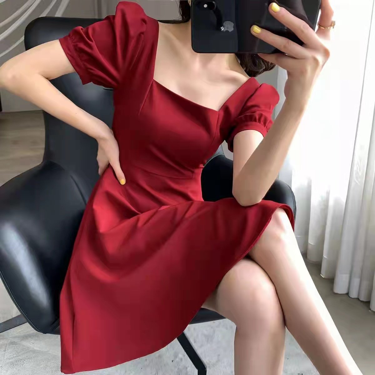2024 summer new French style retro temperament square collar waist long Hepburn style little black dress
