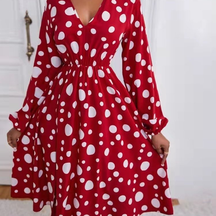 High fashion young girls wearing printed dot deep v bodycon daily wear long dresses