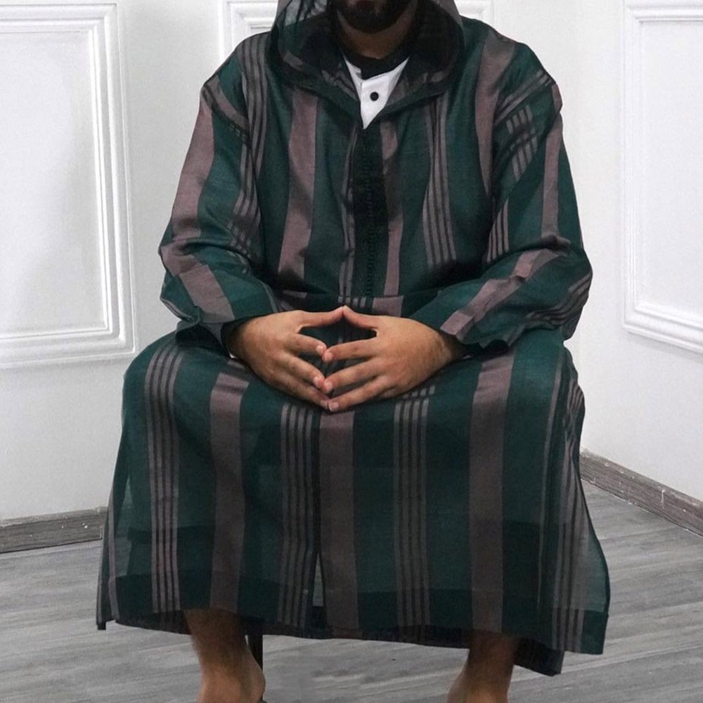 2022 New Fashion Men Ethnic Style Shirt Ramadan Gown Moroccan Robe Striped Islamic Long Thobe