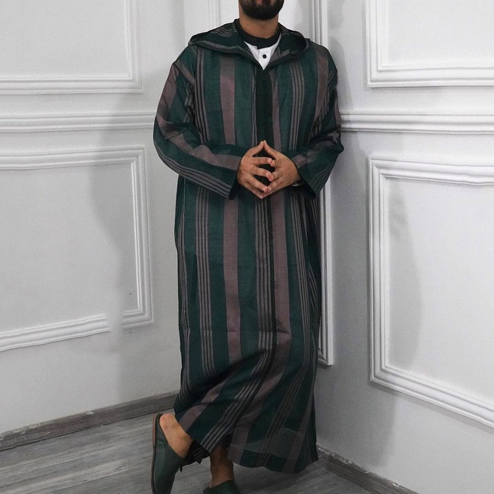 2022 New Fashion Men Ethnic Style Shirt Ramadan Gown Moroccan Robe Striped Islamic Long Thobe
