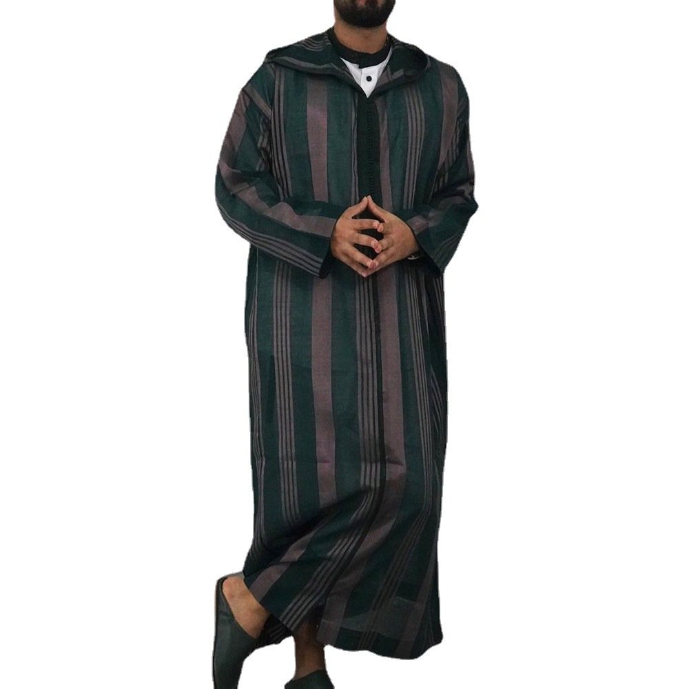 2022 New Fashion Men Ethnic Style Shirt Ramadan Gown Moroccan Robe Striped Islamic Long Thobe