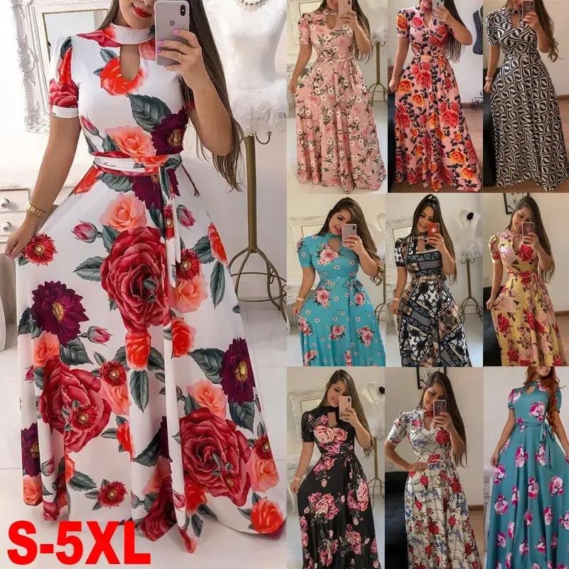 2023 Fashionable Women's Clothing Ladies Long Summer Dress One-Shoulder Floral Chiffon Print Casual Knitted dressFabric Size XL