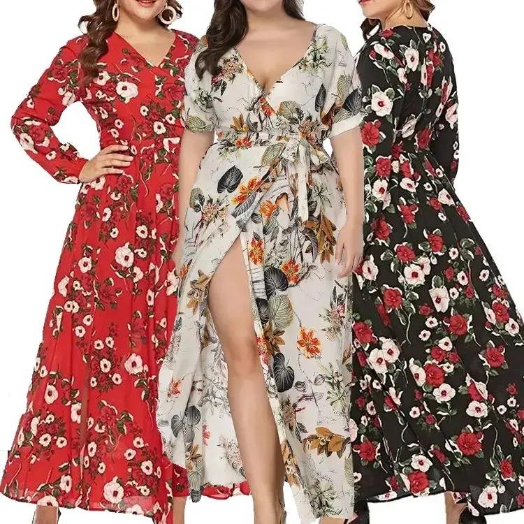 2023 Fashionable Women's Clothing Ladies Long Summer Dress One-Shoulder Floral Chiffon Print Casual Knitted dressFabric Size XL