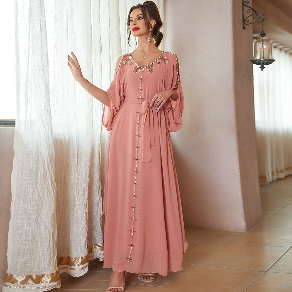Custom Dubai Turkey Kaftan Muslim Cardigan Abayas Dresses Diamonds Chiffon Off Shoulder Party Gown Djellaba