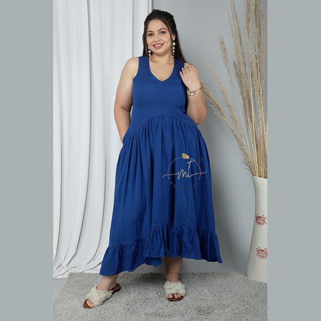 100 % Cotton Women Casual Blue Solid Dye Pattern Natural Waistline Collarless Sleeveless Dress Maxi Standard Azo Free OEM