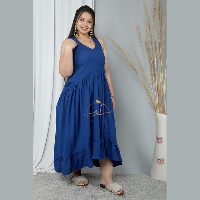 100 % Cotton Women Casual Blue Solid Dye Pattern Natural Waistline Collarless Sleeveless Dress Maxi Standard Azo Free OEM