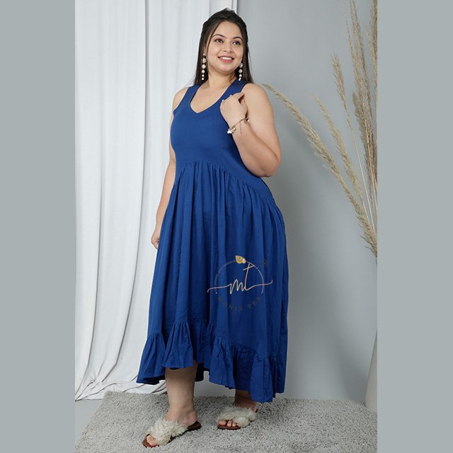100 % Cotton Women Casual Blue Solid Dye Pattern Natural Waistline Collarless Sleeveless Dress Maxi Standard Azo Free OEM