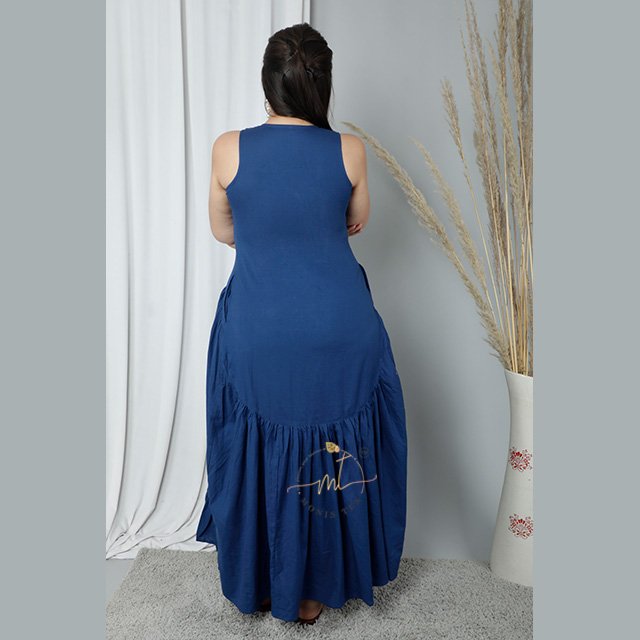 100 % Cotton Women Casual Blue Solid Dye Pattern Natural Waistline Collarless Sleeveless Dress Maxi Standard Azo Free OEM