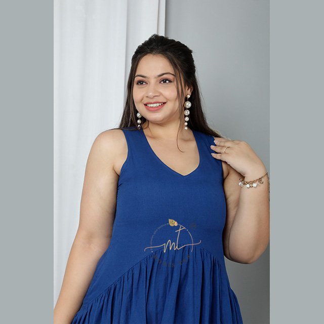 100 % Cotton Women Casual Blue Solid Dye Pattern Natural Waistline Collarless Sleeveless Dress Maxi Standard Azo Free OEM