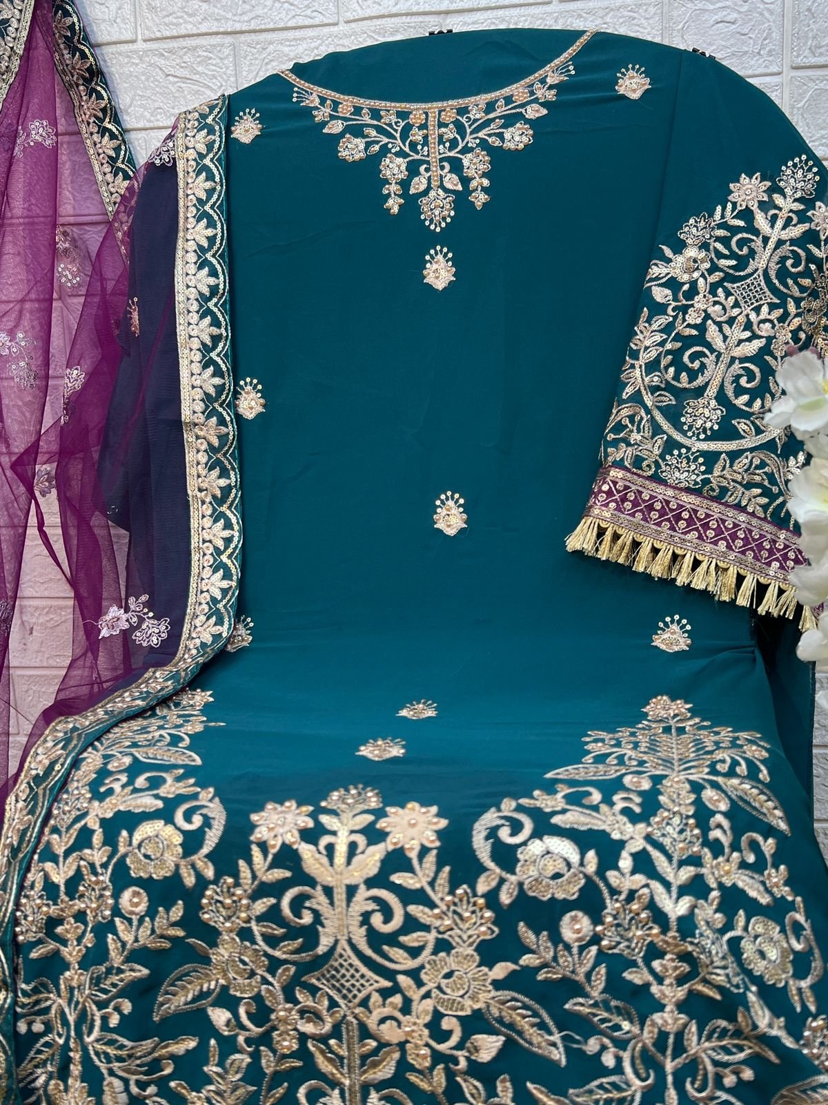 Foxjorger Elegant Casual Dress Ensemble Georgette Embroidered Rhinestone Sequin Diamonds Long Sleeved Santoon Patchwork Dupatta