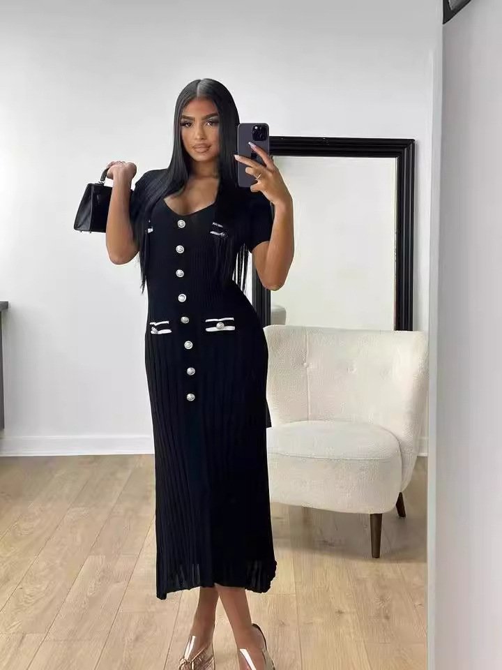 2024 Summer Fashion Long Slim Fit Knitted Dresses for Ladies Button Decorated Sweater Dress U neck Short sleeves Women Outfits