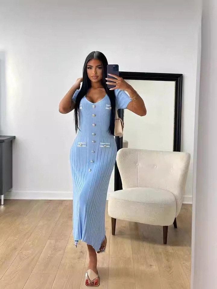 2024 Summer Fashion Long Slim Fit Knitted Dresses for Ladies Button Decorated Sweater Dress U neck Short sleeves Women Outfits