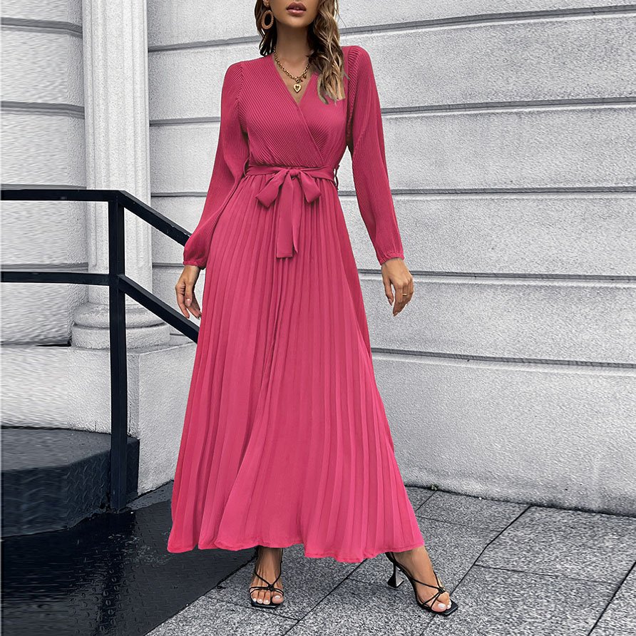 Custom OEM Wholesale Long Maxi Women Ladies Elegant Loose High Waist With Bow Plain Casual Plus Size Women's Pleated dresses