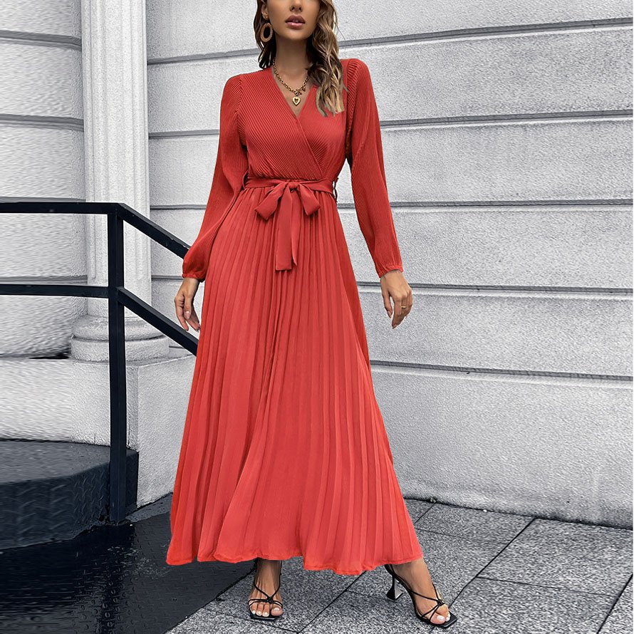 Custom OEM Wholesale Long Maxi Women Ladies Elegant Loose High Waist With Bow Plain Casual Plus Size Women's Pleated dresses