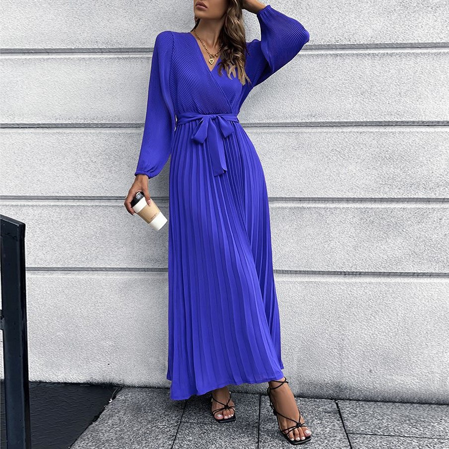 Custom OEM Wholesale Long Maxi Women Ladies Elegant Loose High Waist With Bow Plain Casual Plus Size Women's Pleated dresses