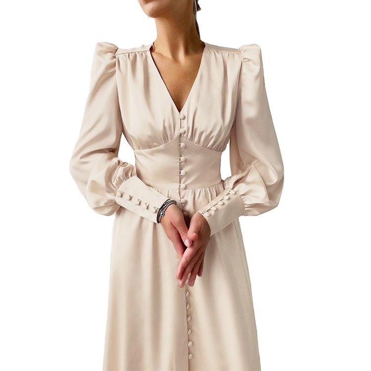 Custom Womens vintage A line silky satin soft ladies dress V neck puffy sleeves cover buttons placket elegant casual dresses