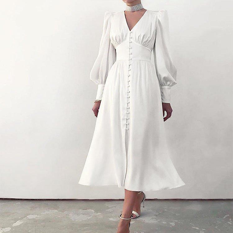 Custom Womens vintage A line silky satin soft ladies dress V neck puffy sleeves cover buttons placket elegant casual dresses
