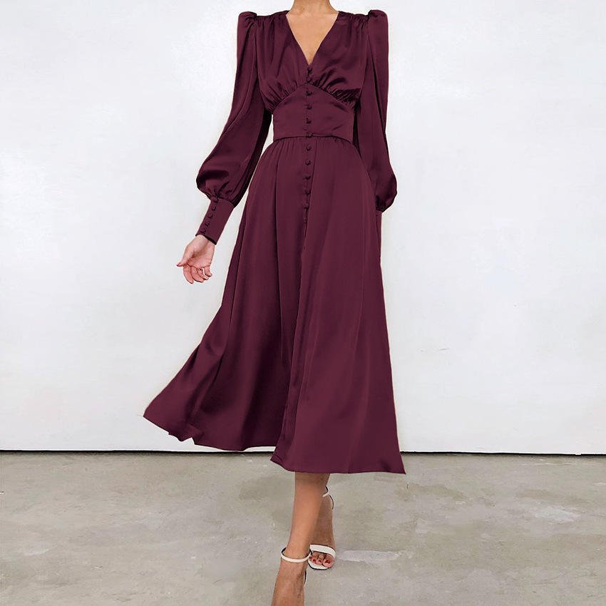 Custom Womens vintage A line silky satin soft ladies dress V neck puffy sleeves cover buttons placket elegant casual dresses